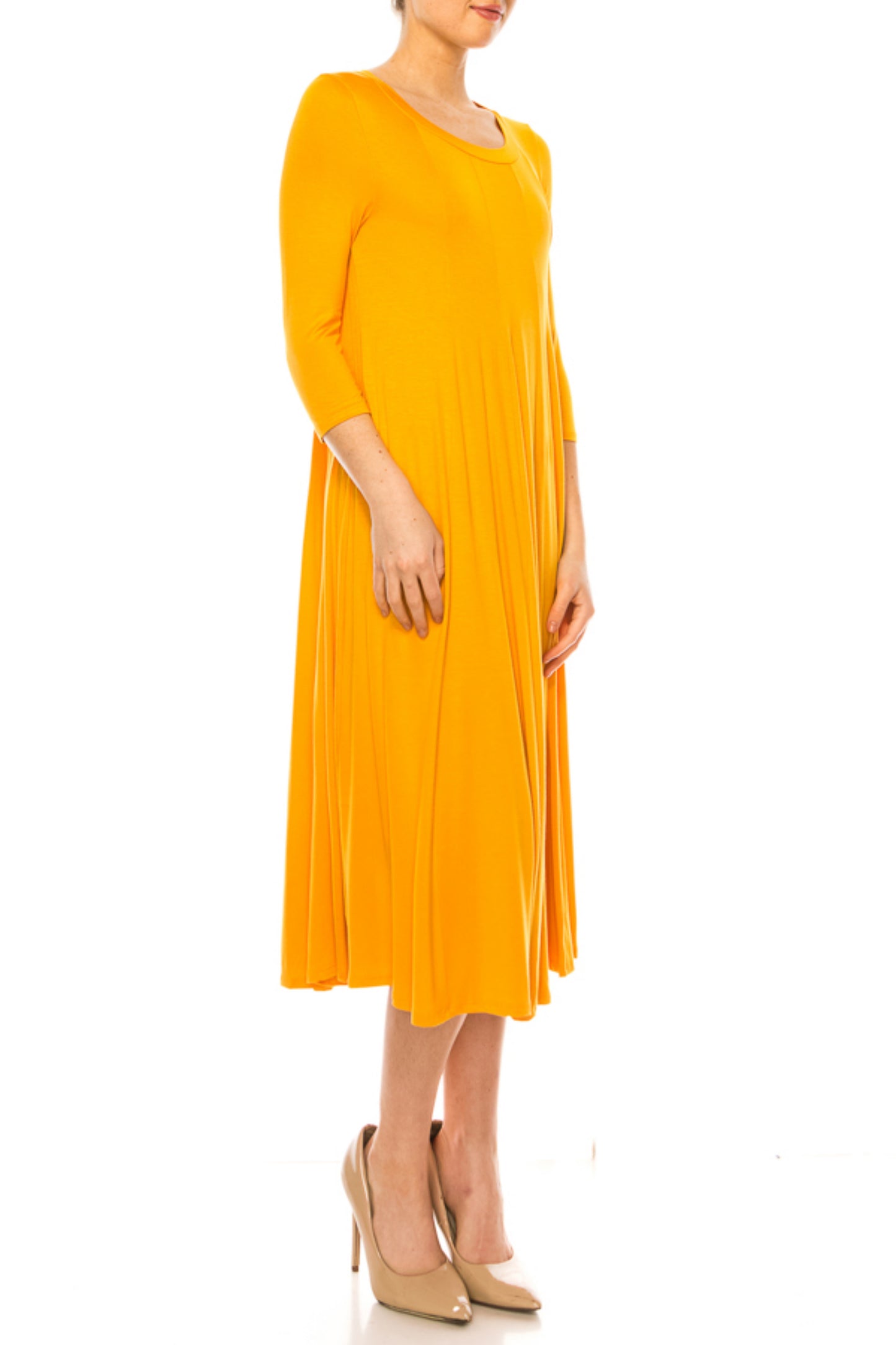 Women's A-Line Long Dress with 3/4 Sleeves and Relaxed Round Neckline