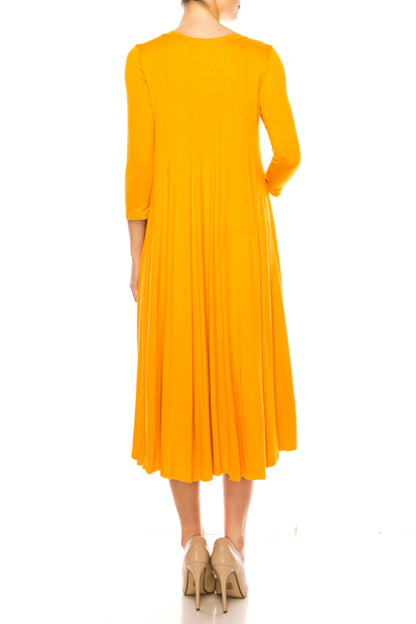 Women's A-Line Long Dress with 3/4 Sleeves and Relaxed Round Neckline