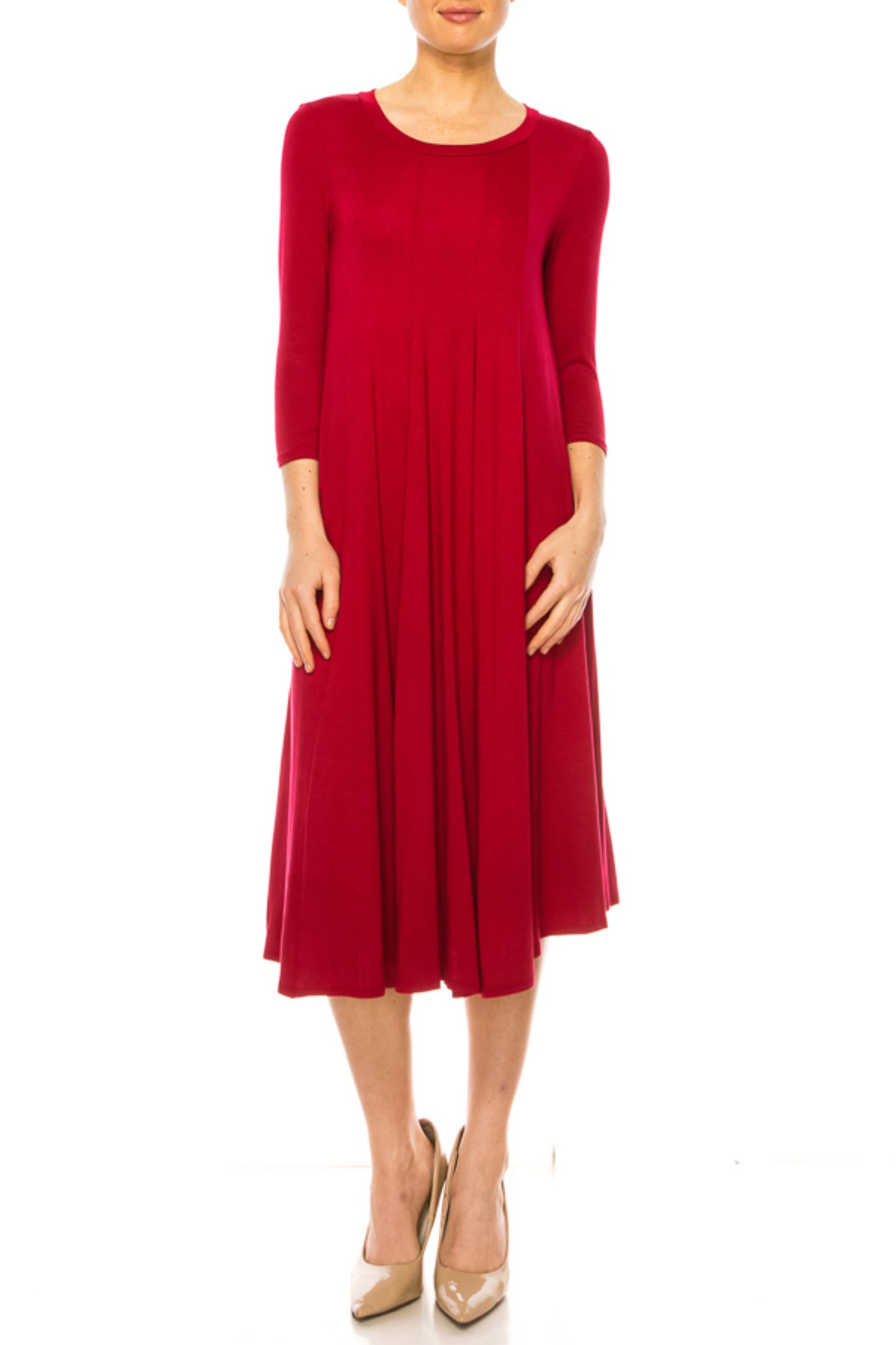 Women's A-Line Long Dress with 3/4 Sleeves and Relaxed Round Neckline