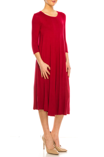 Women's A-Line Long Dress with 3/4 Sleeves and Relaxed Round Neckline