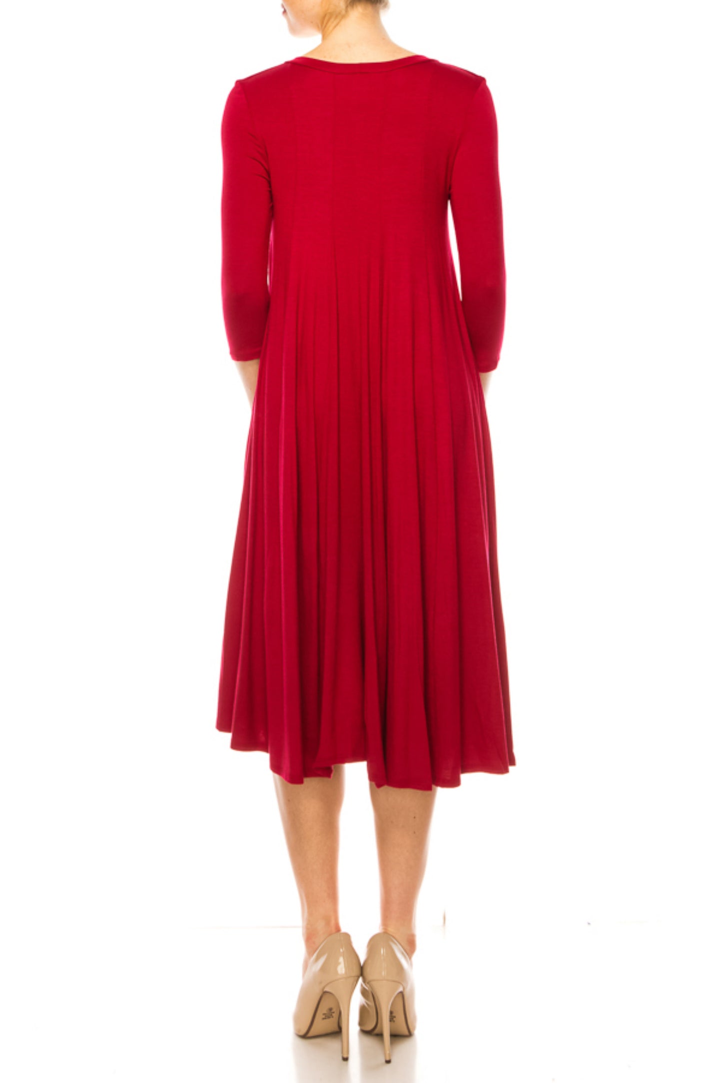 Women's A-Line Long Dress with 3/4 Sleeves and Relaxed Round Neckline