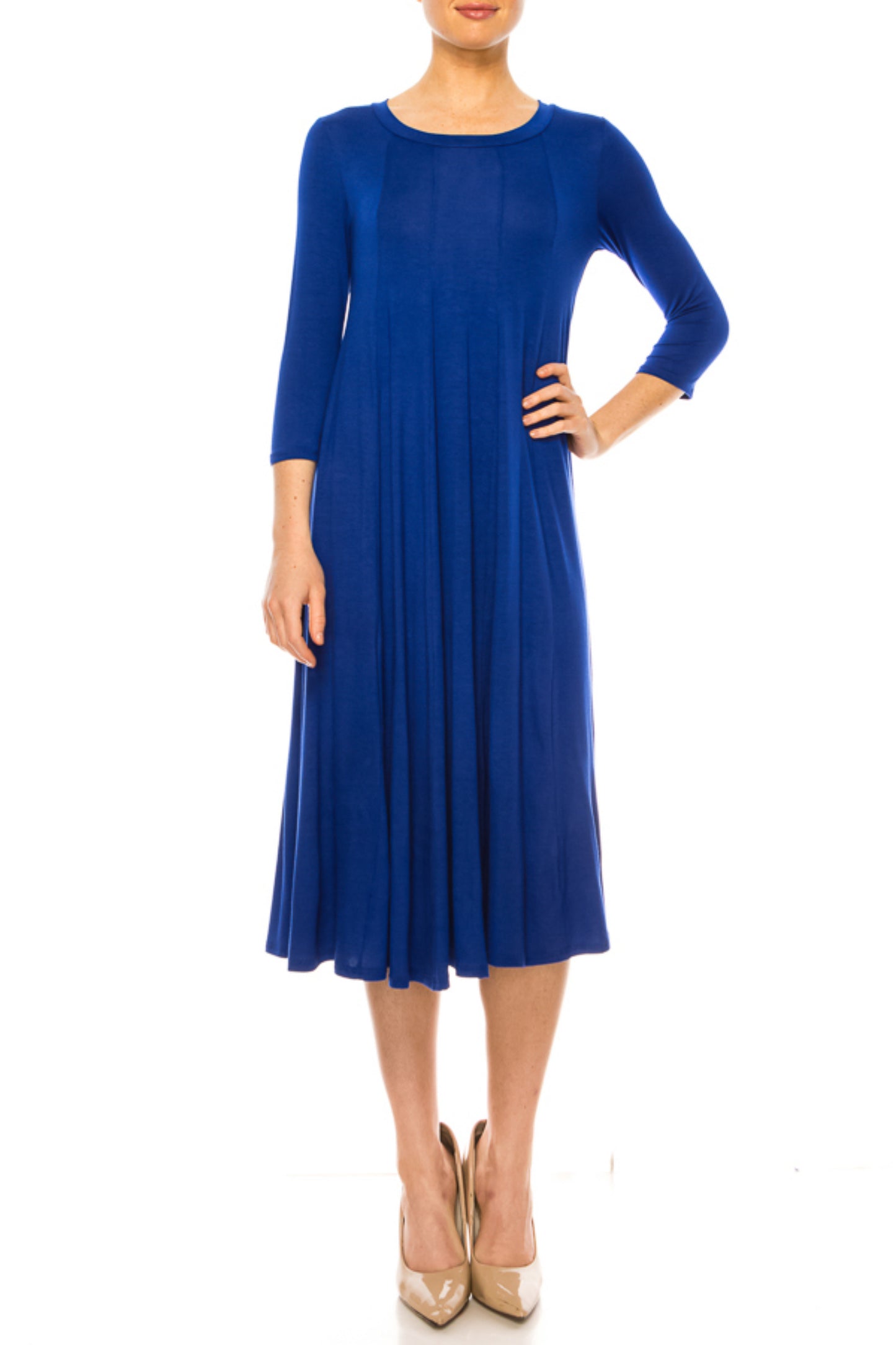 Women's A-Line Long Dress with 3/4 Sleeves and Relaxed Round Neckline