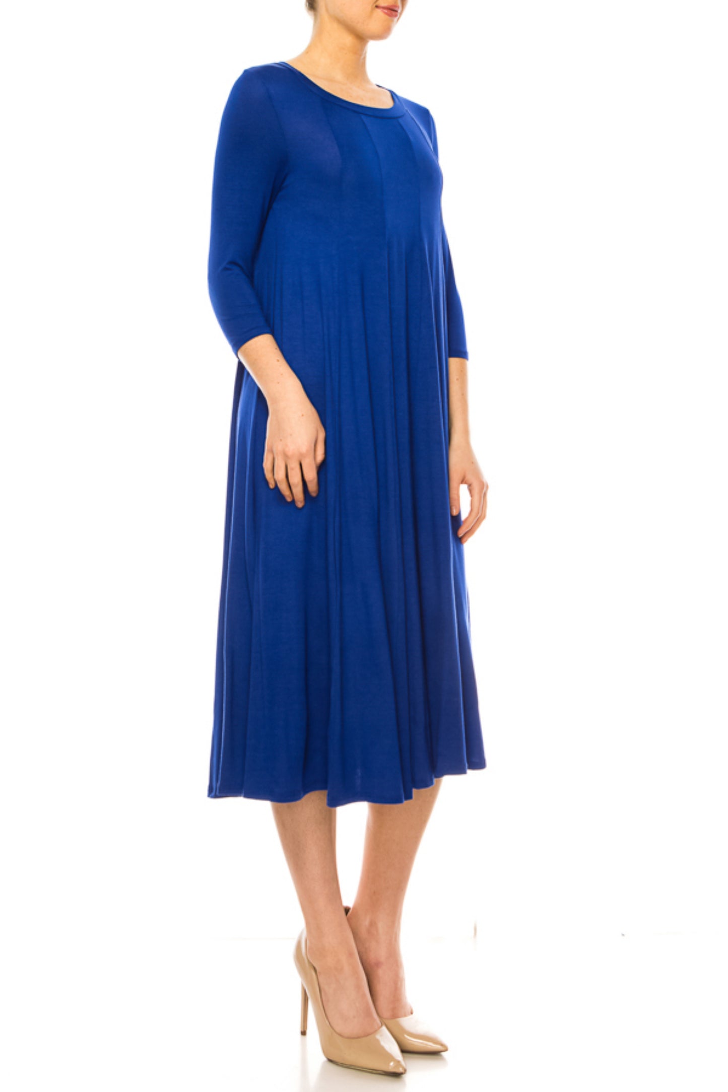 Women's A-Line Long Dress with 3/4 Sleeves and Relaxed Round Neckline