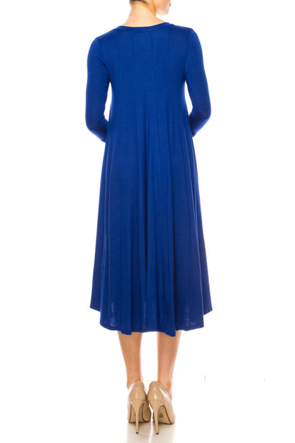 Women's A-Line Long Dress with 3/4 Sleeves and Relaxed Round Neckline