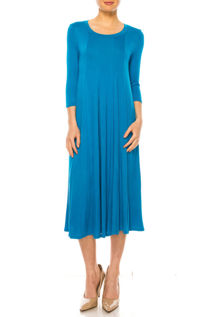 Women's A-Line Long Dress with 3/4 Sleeves and Relaxed Round Neckline