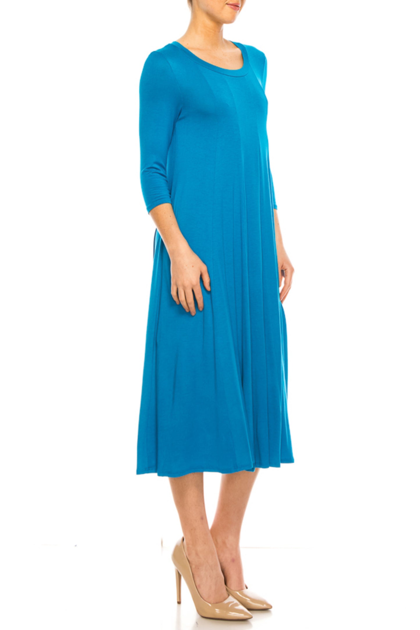 Women's A-Line Long Dress with 3/4 Sleeves and Relaxed Round Neckline