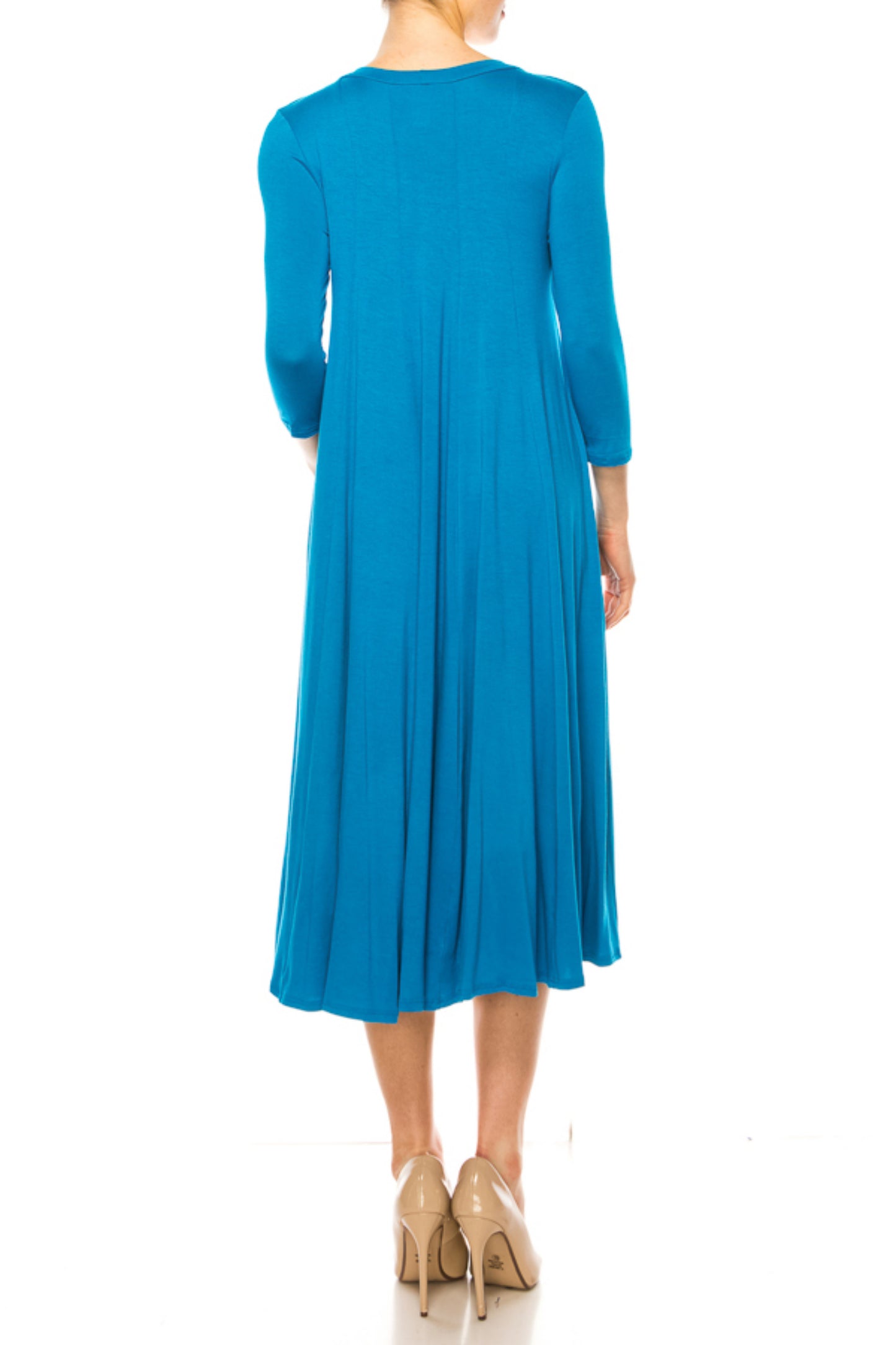 Women's A-Line Long Dress with 3/4 Sleeves and Relaxed Round Neckline