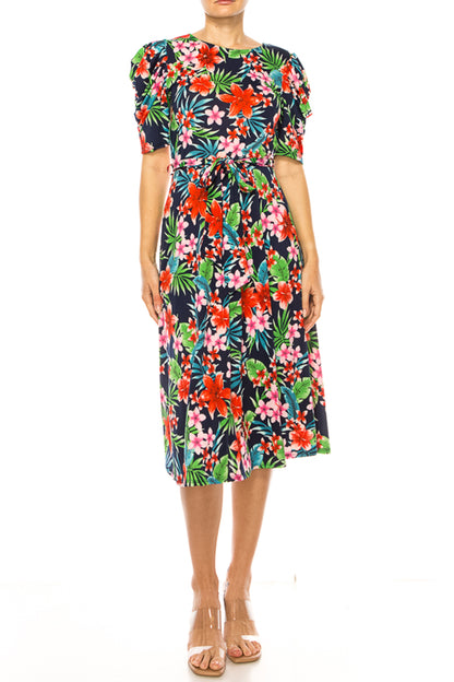 Women's Elegant Printed Midi Dress with Puff Sleeves and Sash Tie