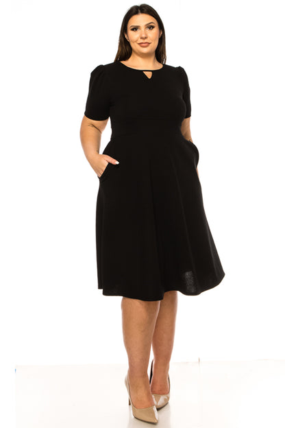 Women's Plus Size Dress with Puff Sleeves and Keyhole Front Casual Chic with Side Pock