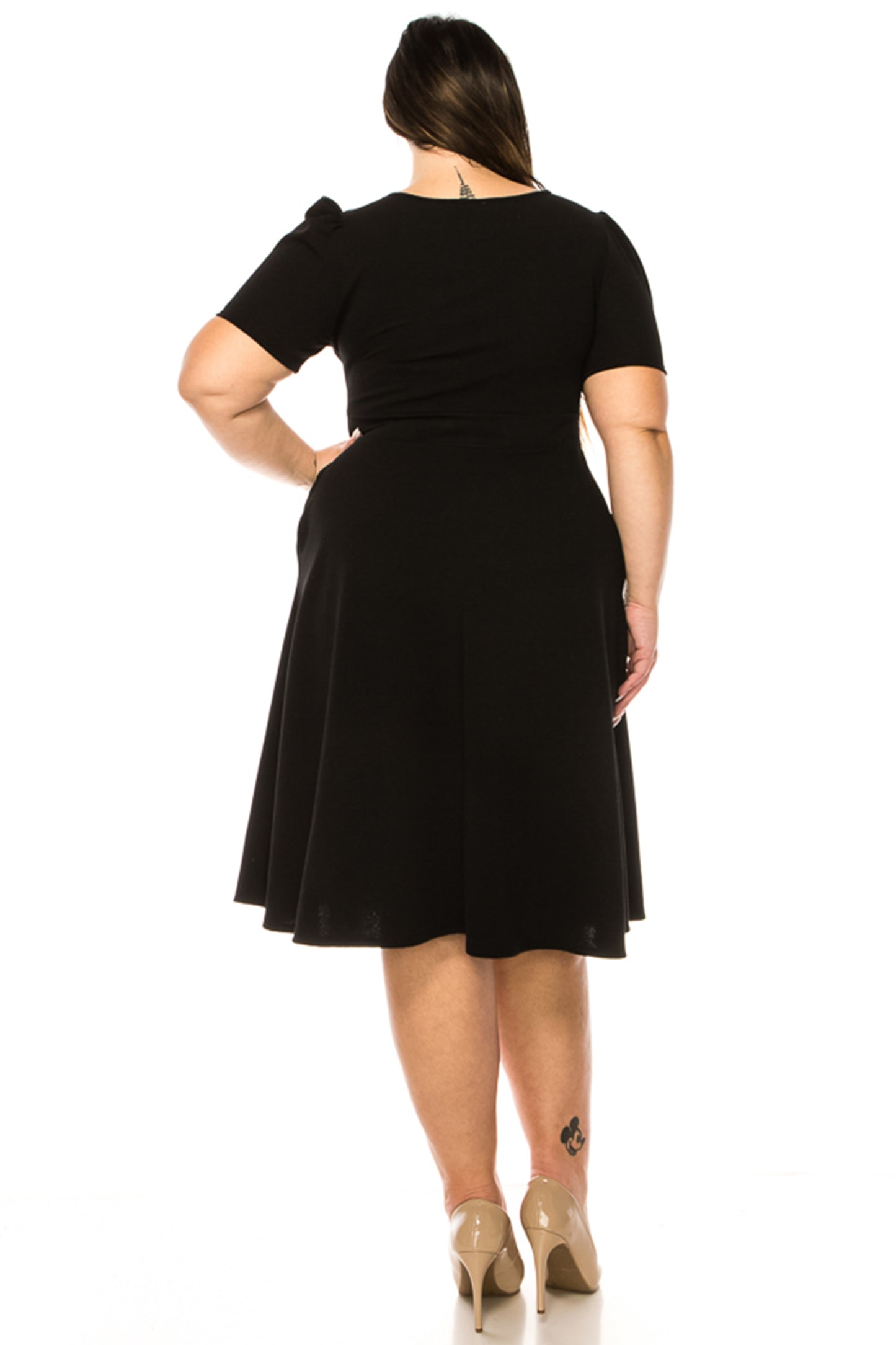 Women's Plus Size Dress with Puff Sleeves and Keyhole Front Casual Chic with Side Pock