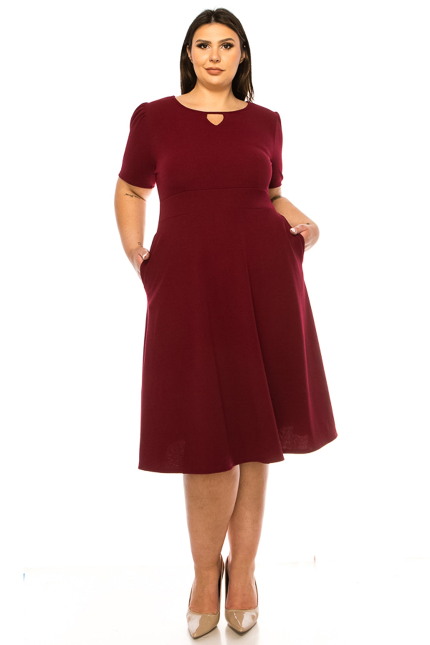 Women's Plus Size Dress with Puff Sleeves and Keyhole Front Casual Chic with Side Pock