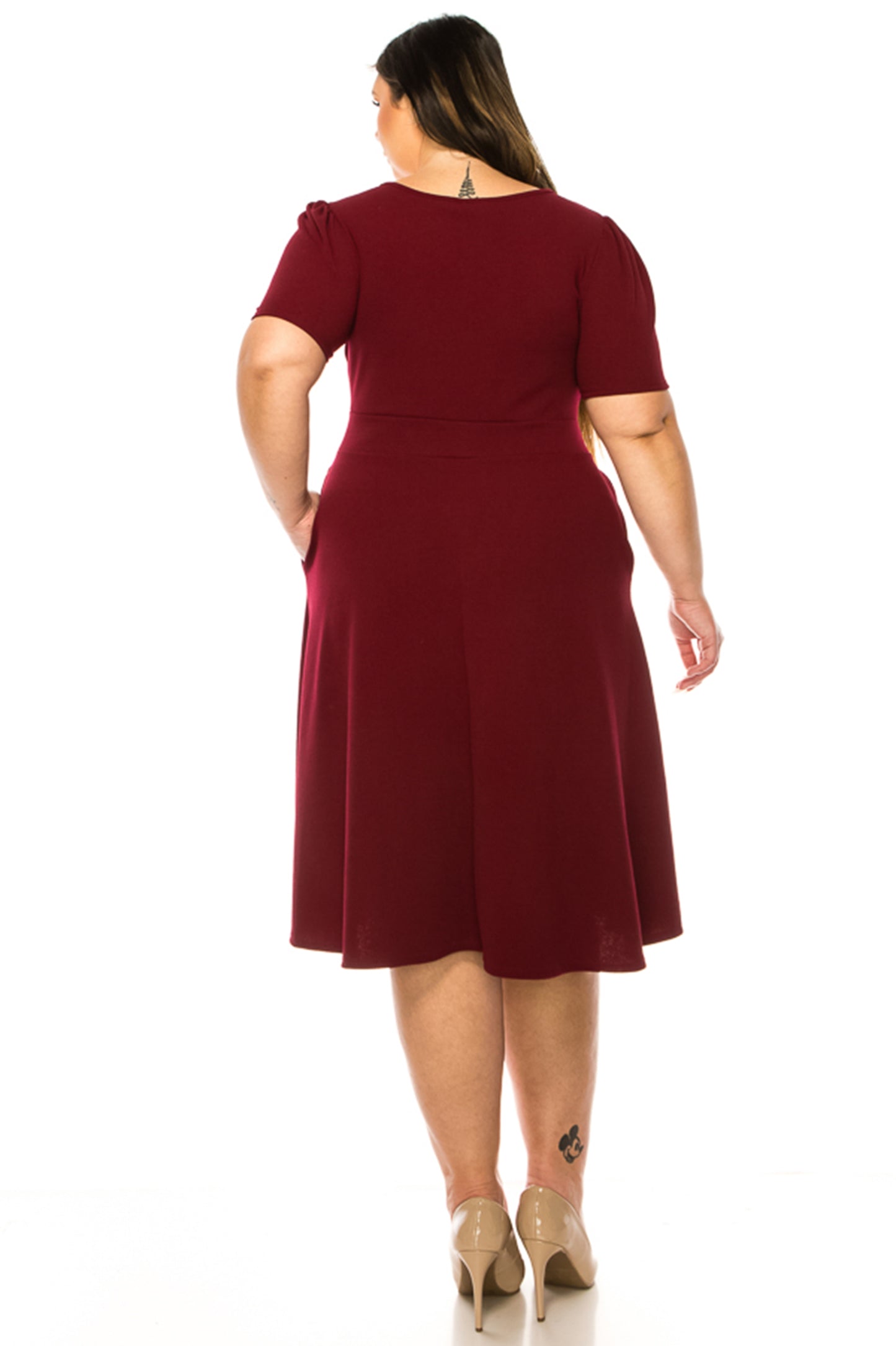 Women's Plus Size Dress with Puff Sleeves and Keyhole Front Casual Chic with Side Pock