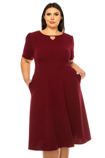 Women's Plus Size Dress with Puff Sleeves and Keyhole Front Casual Chic with Side Pock