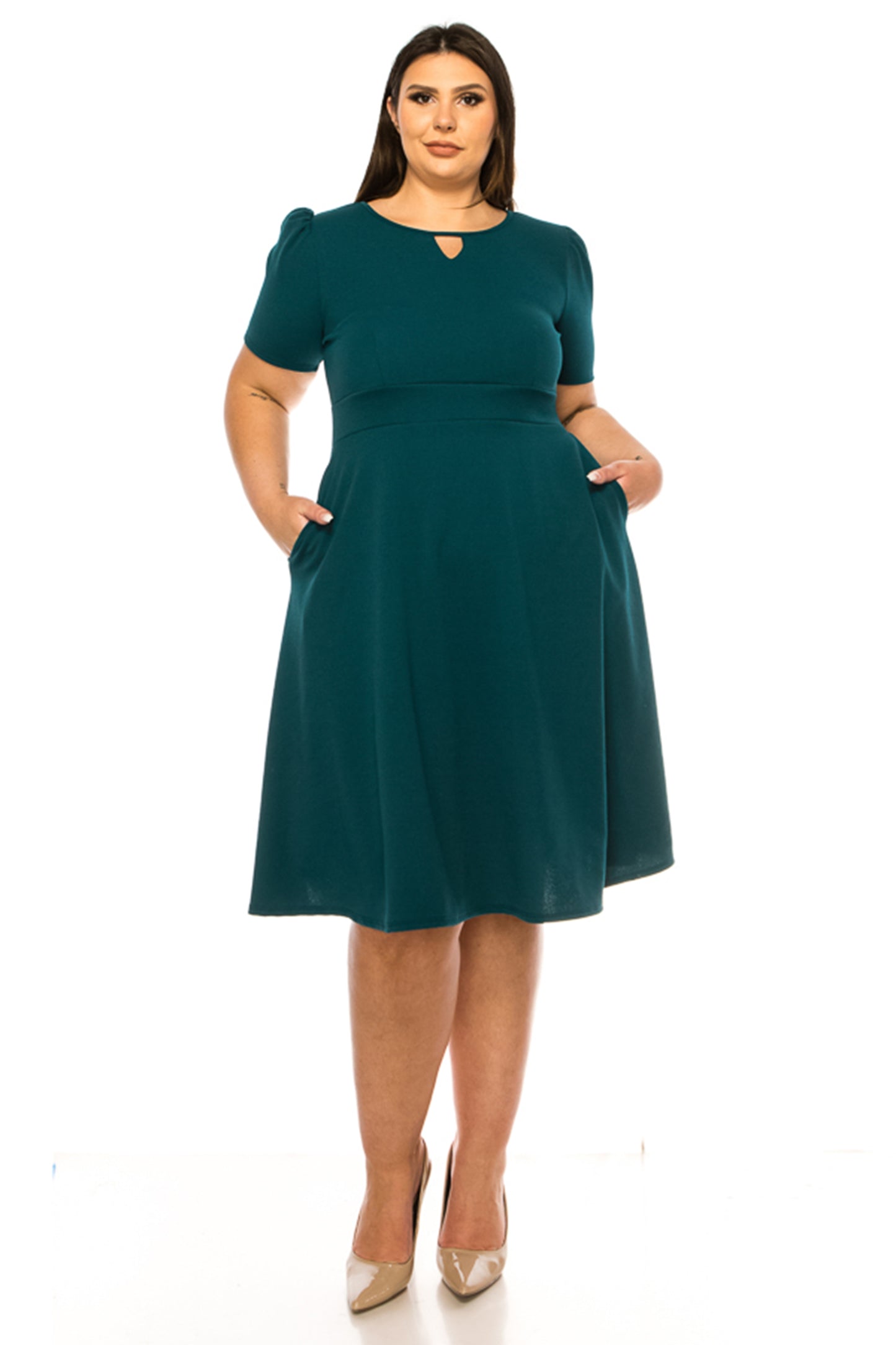 Women's Plus Size Dress with Puff Sleeves and Keyhole Front Casual Chic with Side Pock