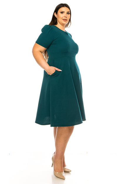 Women's Plus Size Dress with Puff Sleeves and Keyhole Front Casual Chic with Side Pock