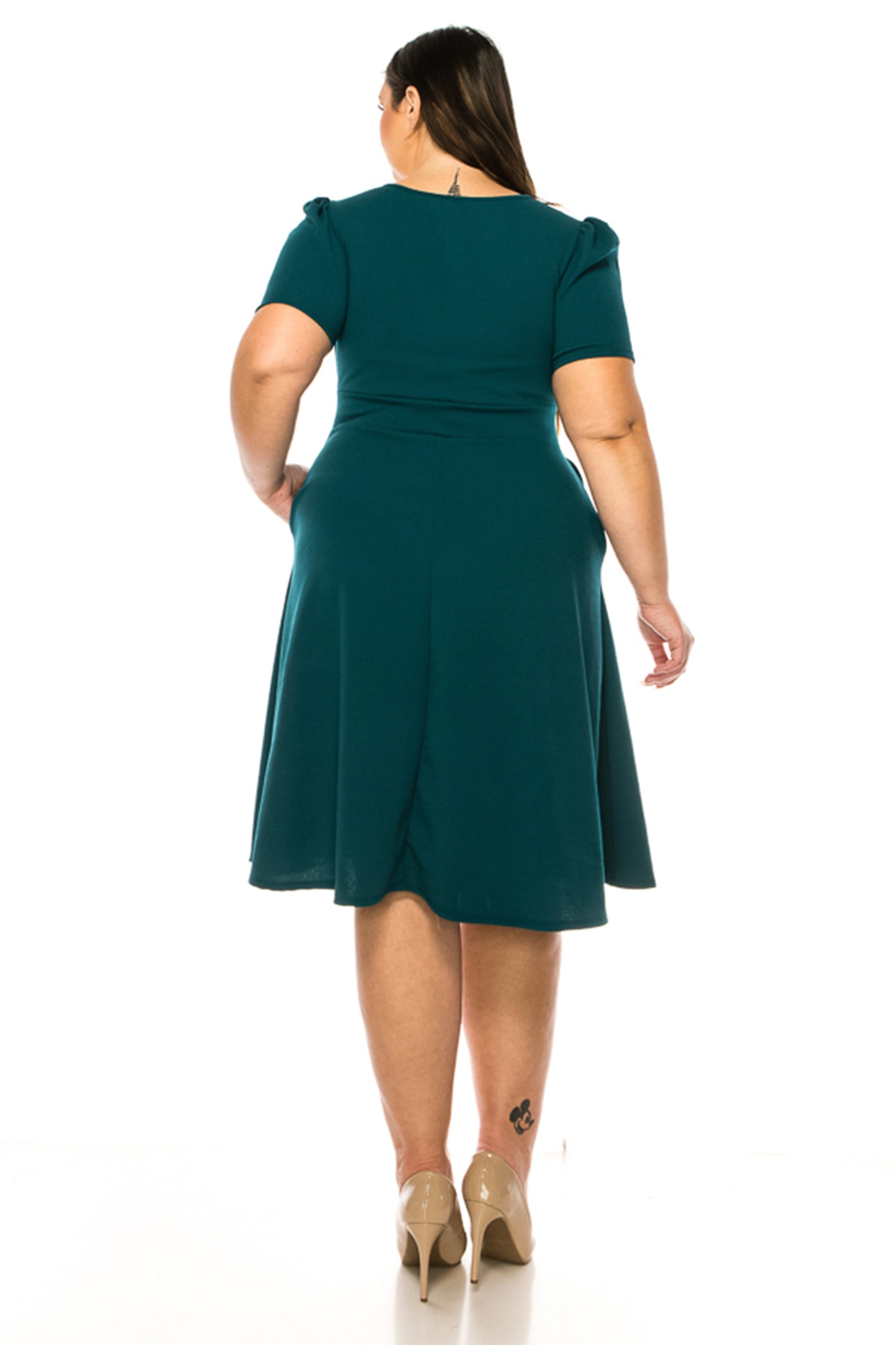 Women's Plus Size Dress with Puff Sleeves and Keyhole Front Casual Chic with Side Pock