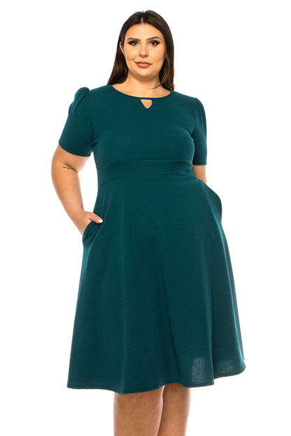 Women's Plus Size Dress with Puff Sleeves and Keyhole Front Casual Chic with Side Pock