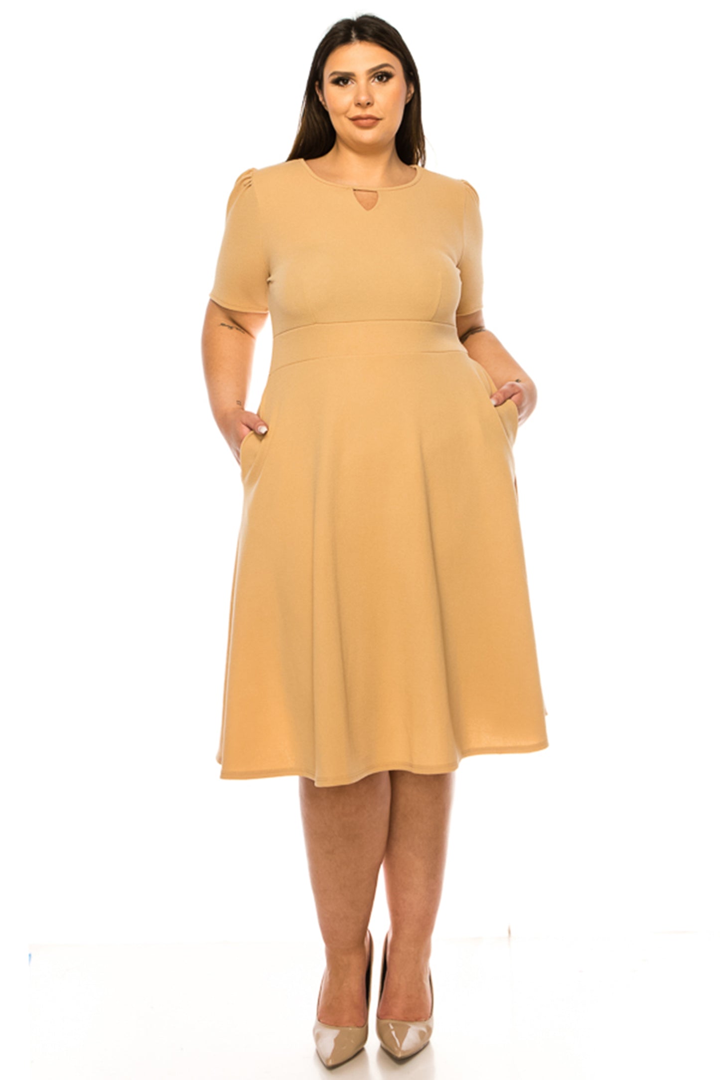 Women's Plus Size Dress with Puff Sleeves and Keyhole Front Casual Chic with Side Pock