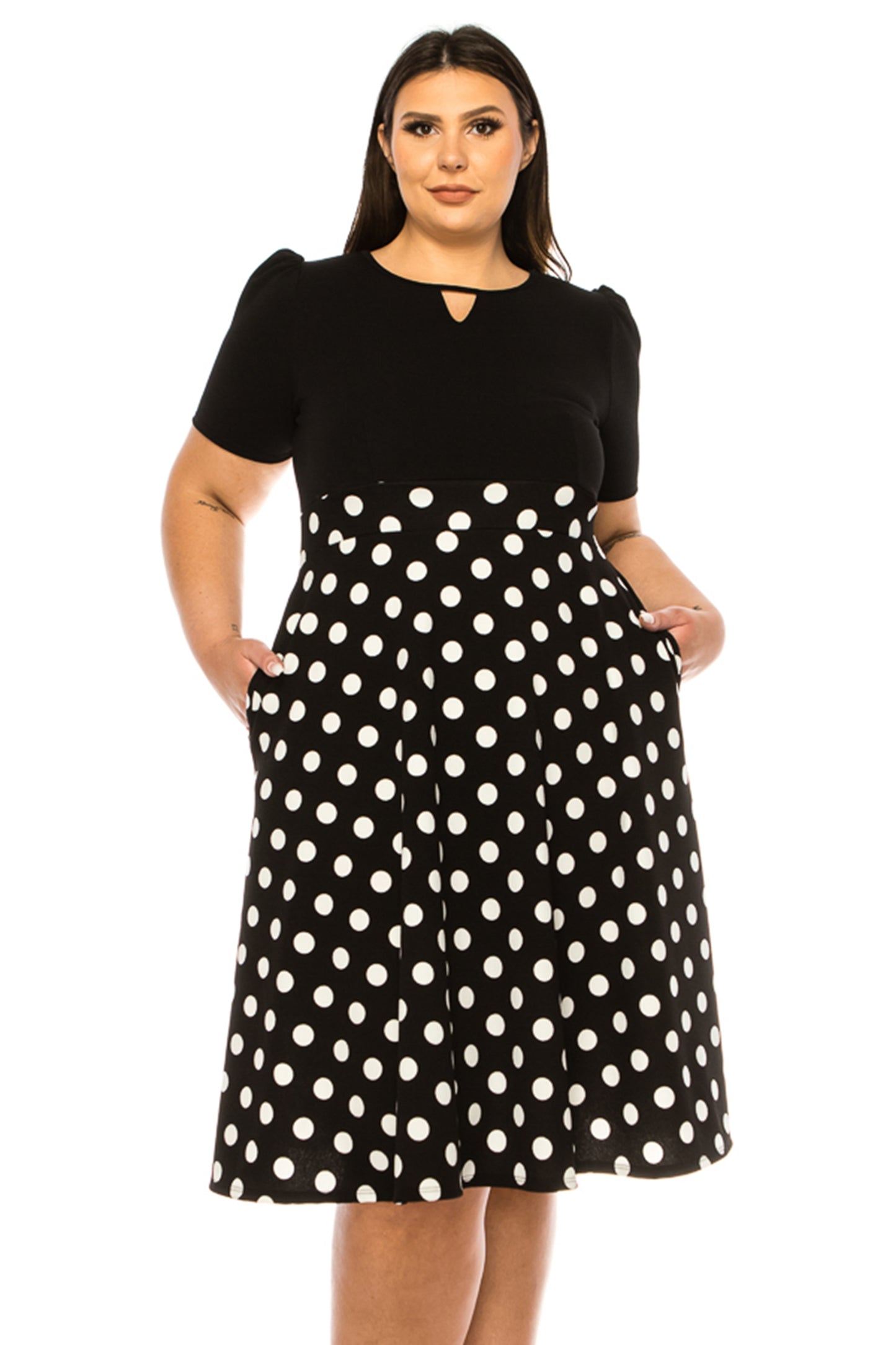 Women's Plus Size Dress with Puff Sleeves and Keyhole Front Casual Chic with Side Pock