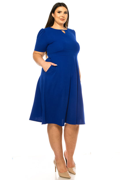 Women's Plus Size Dress with Puff Sleeves and Keyhole Front Casual Chic with Side Pock