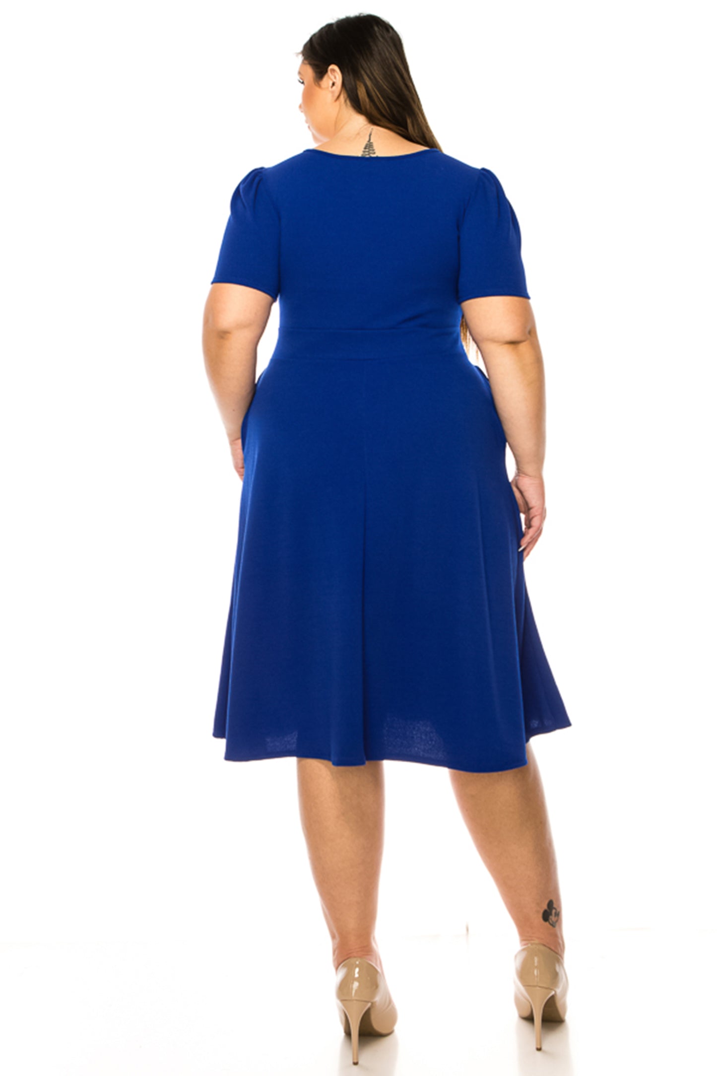 Women's Plus Size Dress with Puff Sleeves and Keyhole Front Casual Chic with Side Pock