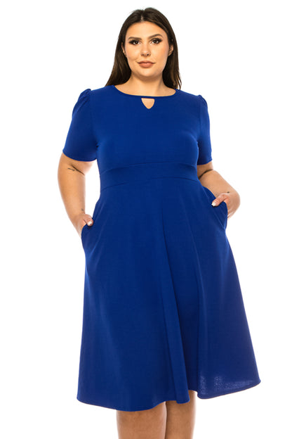 Women's Plus Size Dress with Puff Sleeves and Keyhole Front Casual Chic with Side Pock