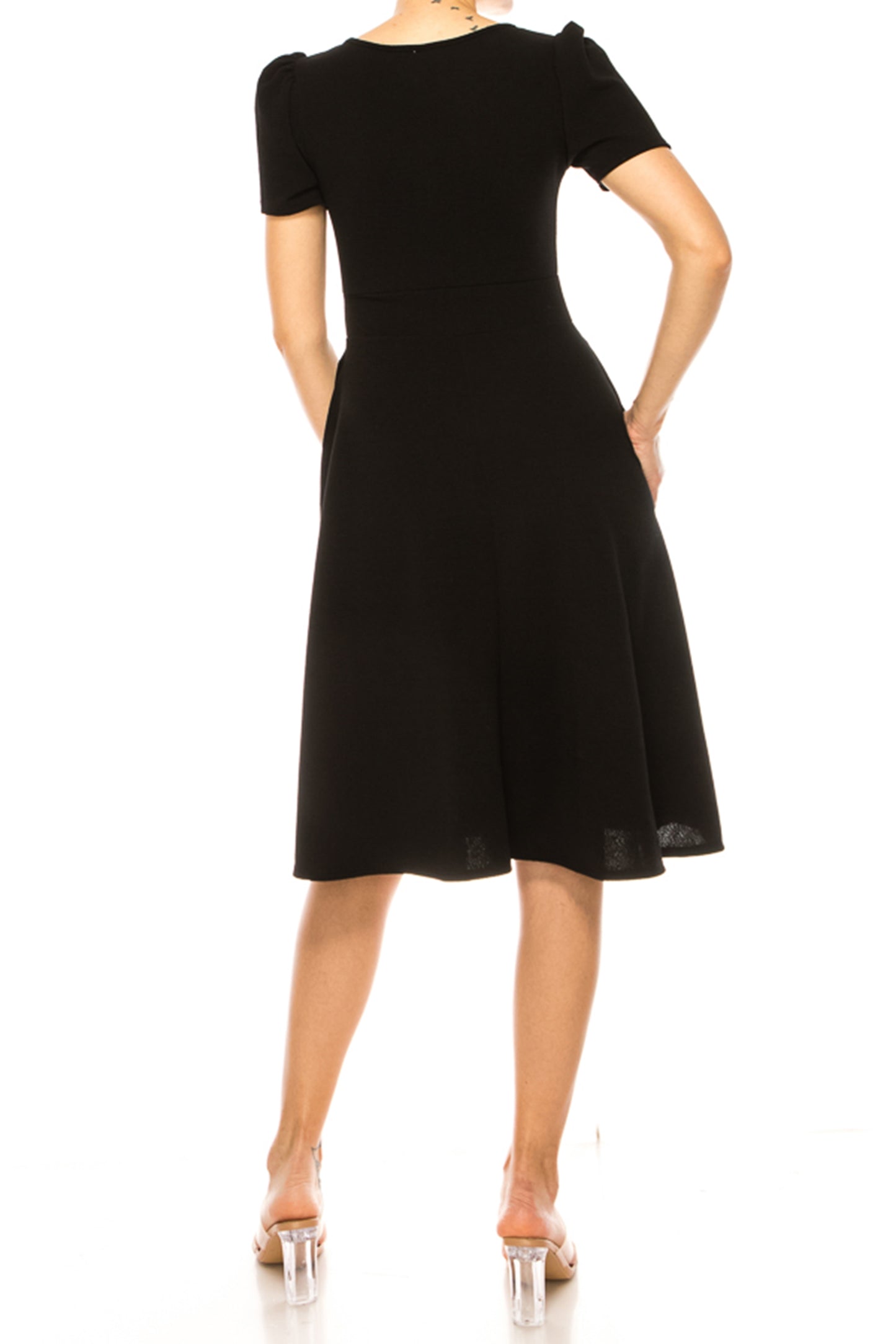 Women's  A-Line Dress Puff Sleeves and Keyhole Front Casual Chic with Side Pock