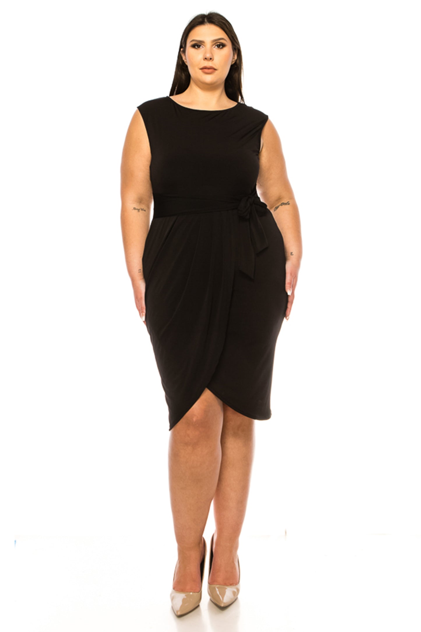 Women's Plus Size Sleeveless Sheath Dress Knife PleatsTulip Skirt Front Sash Detail