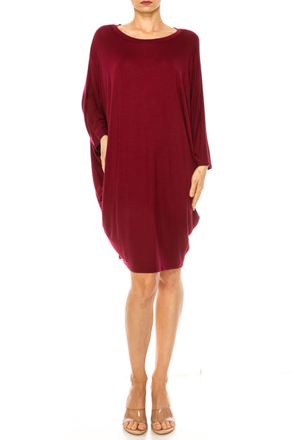 Women's Casual Loose Fit Long Sleeves Dolman Style Solid Midi Dress