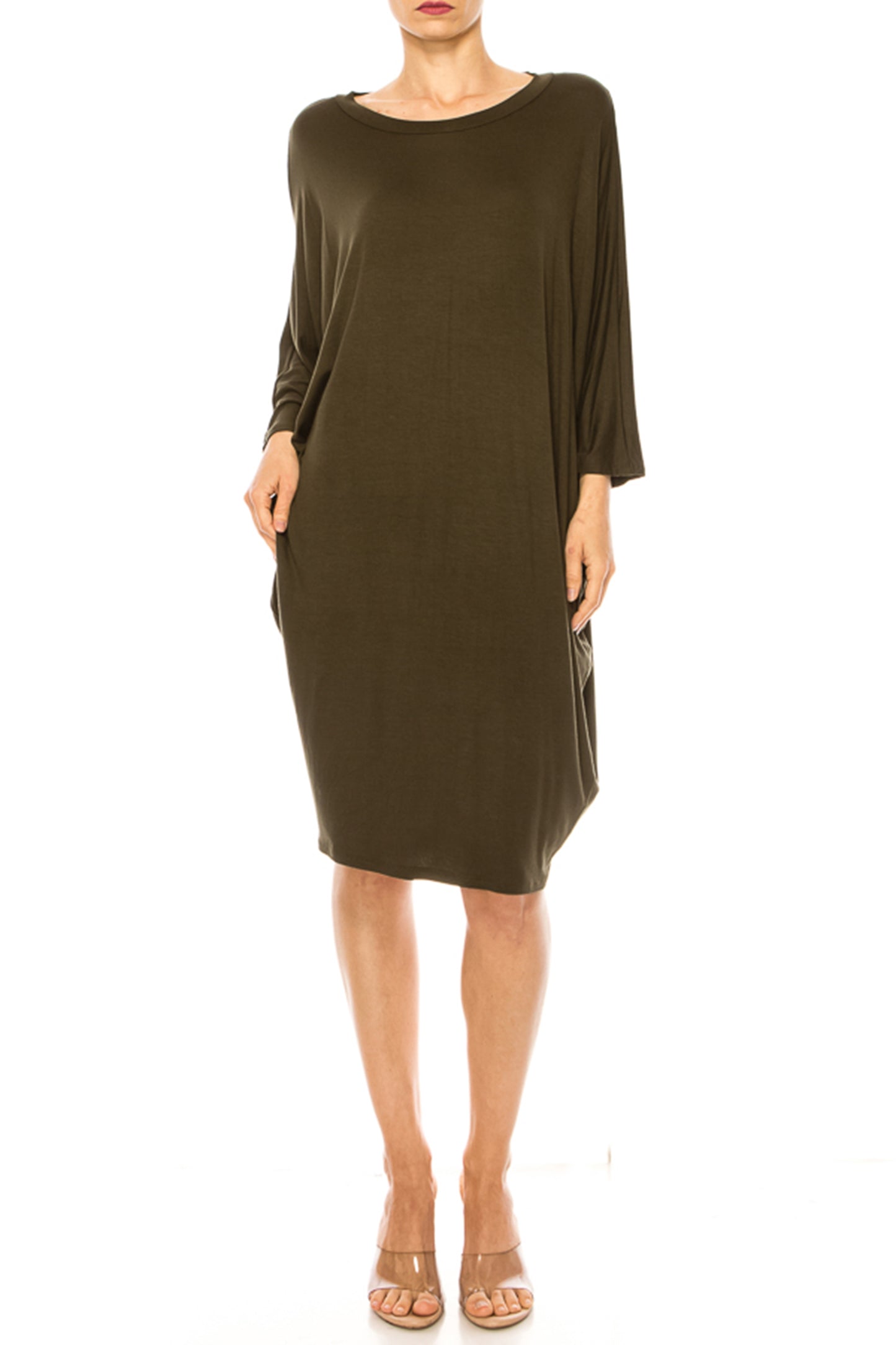 Women's Casual Loose Fit Long Sleeves Dolman Style Solid Midi Dress