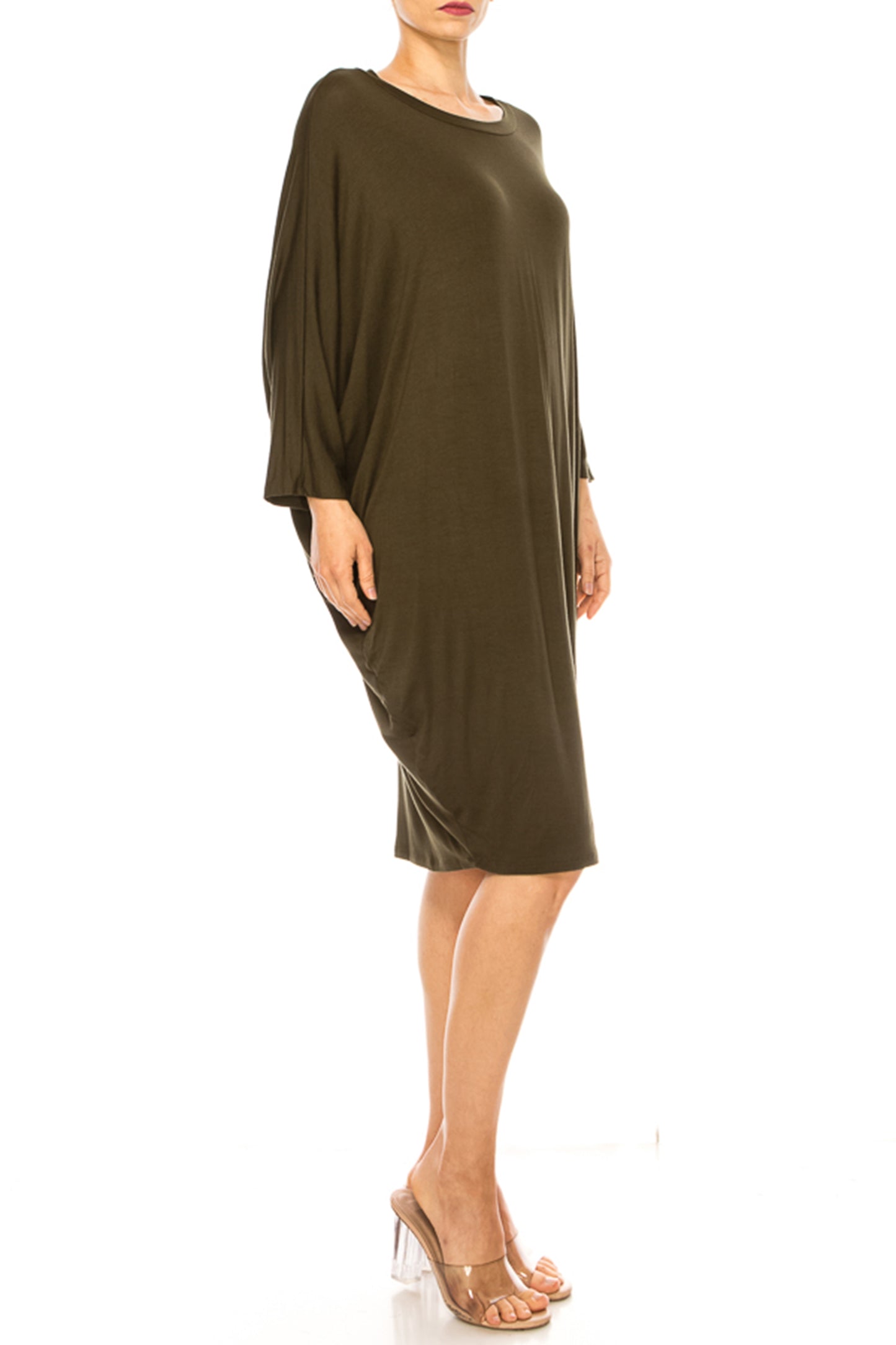 Women's Casual Loose Fit Long Sleeves Dolman Style Solid Midi Dress