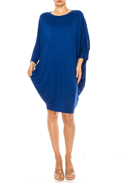 Women's Casual Loose Fit Long Sleeves Dolman Style Solid Midi Dress