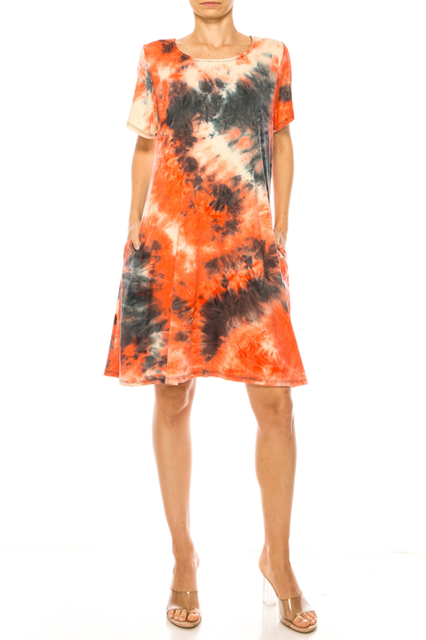 Women's Printed Short Sleeve Dress with Round Neckline and Side Pockets