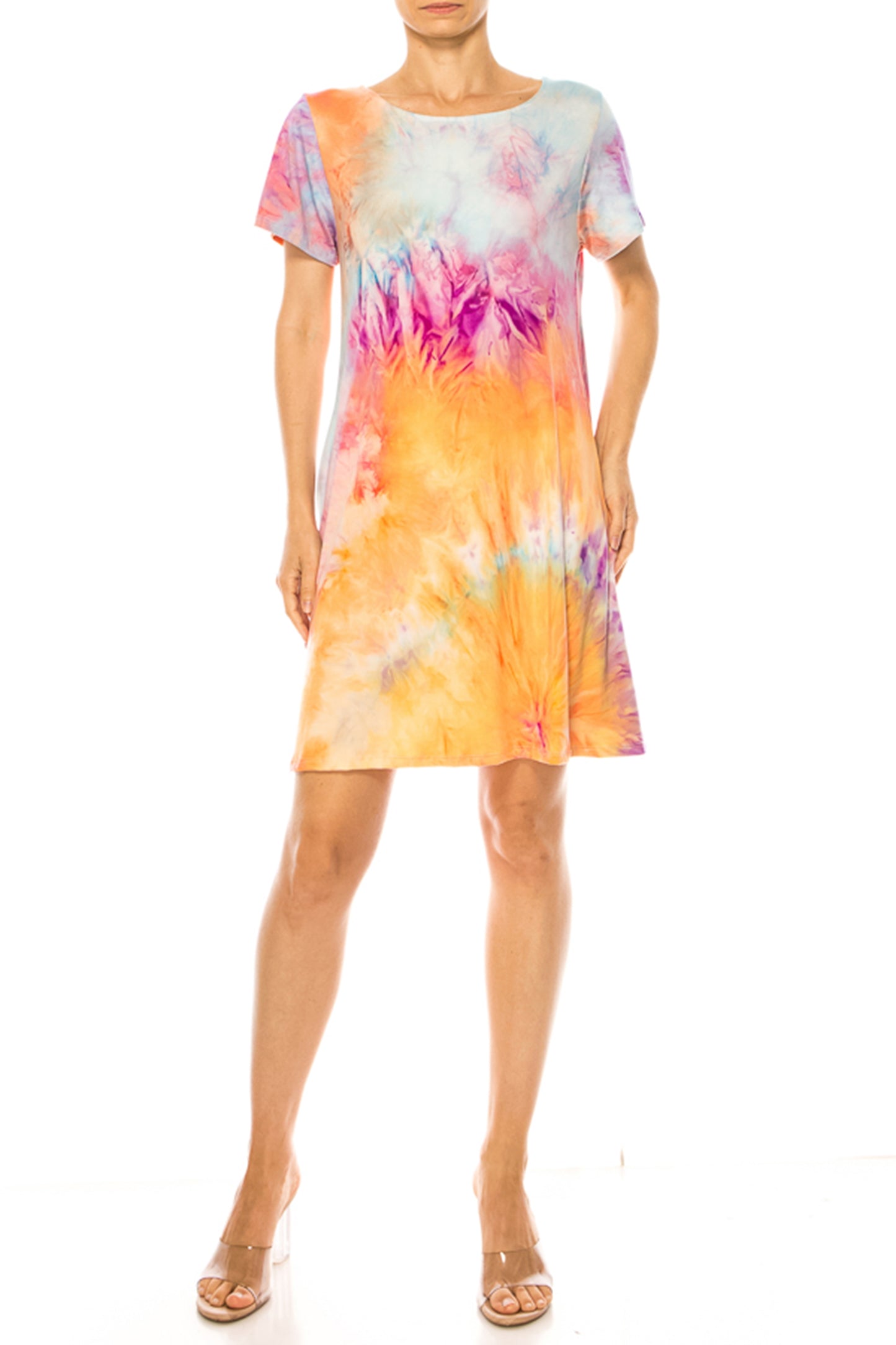 Women's Printed Short Sleeve Dress with Round Neckline and Side Pockets