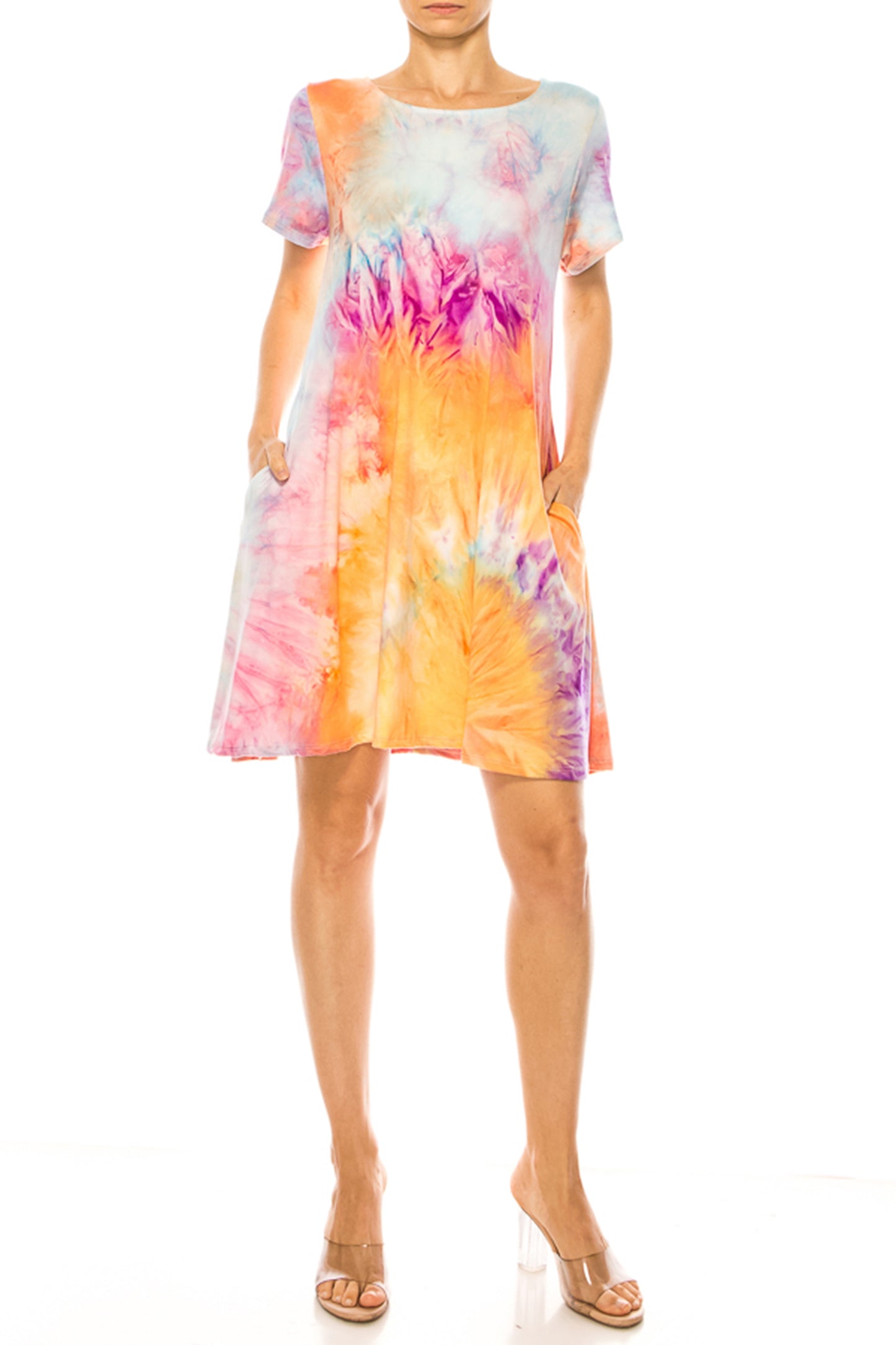 Women's Printed Short Sleeve Dress with Round Neckline and Side Pockets