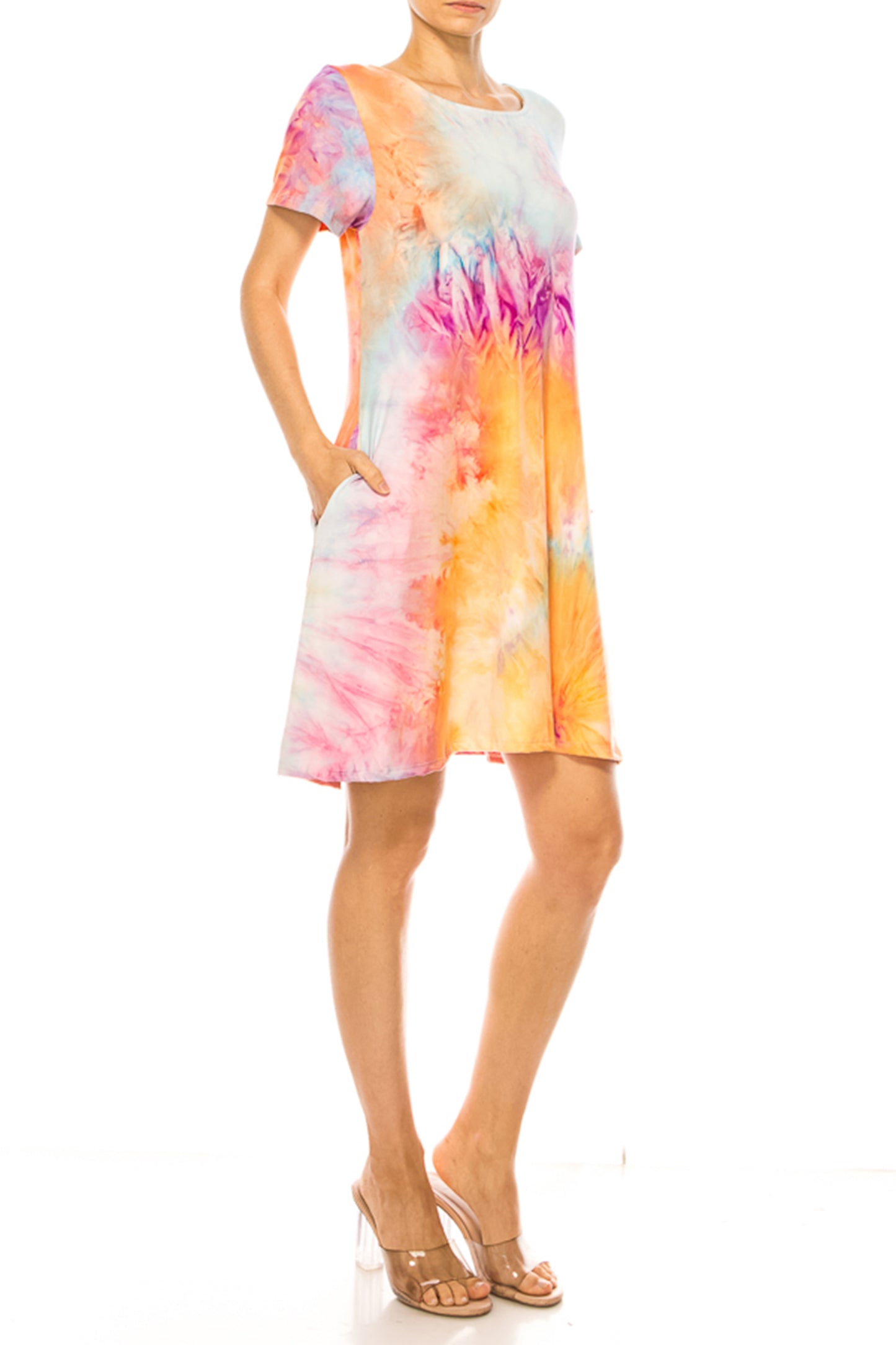 Women's Printed Short Sleeve Dress with Round Neckline and Side Pockets