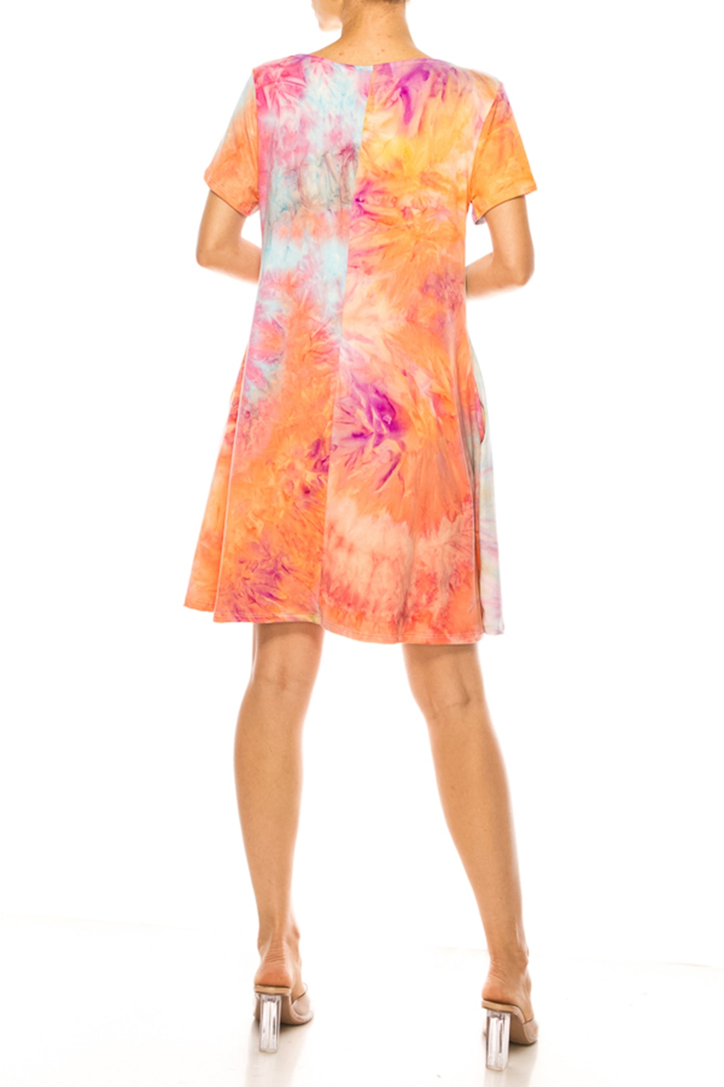 Women's Printed Short Sleeve Dress with Round Neckline and Side Pockets