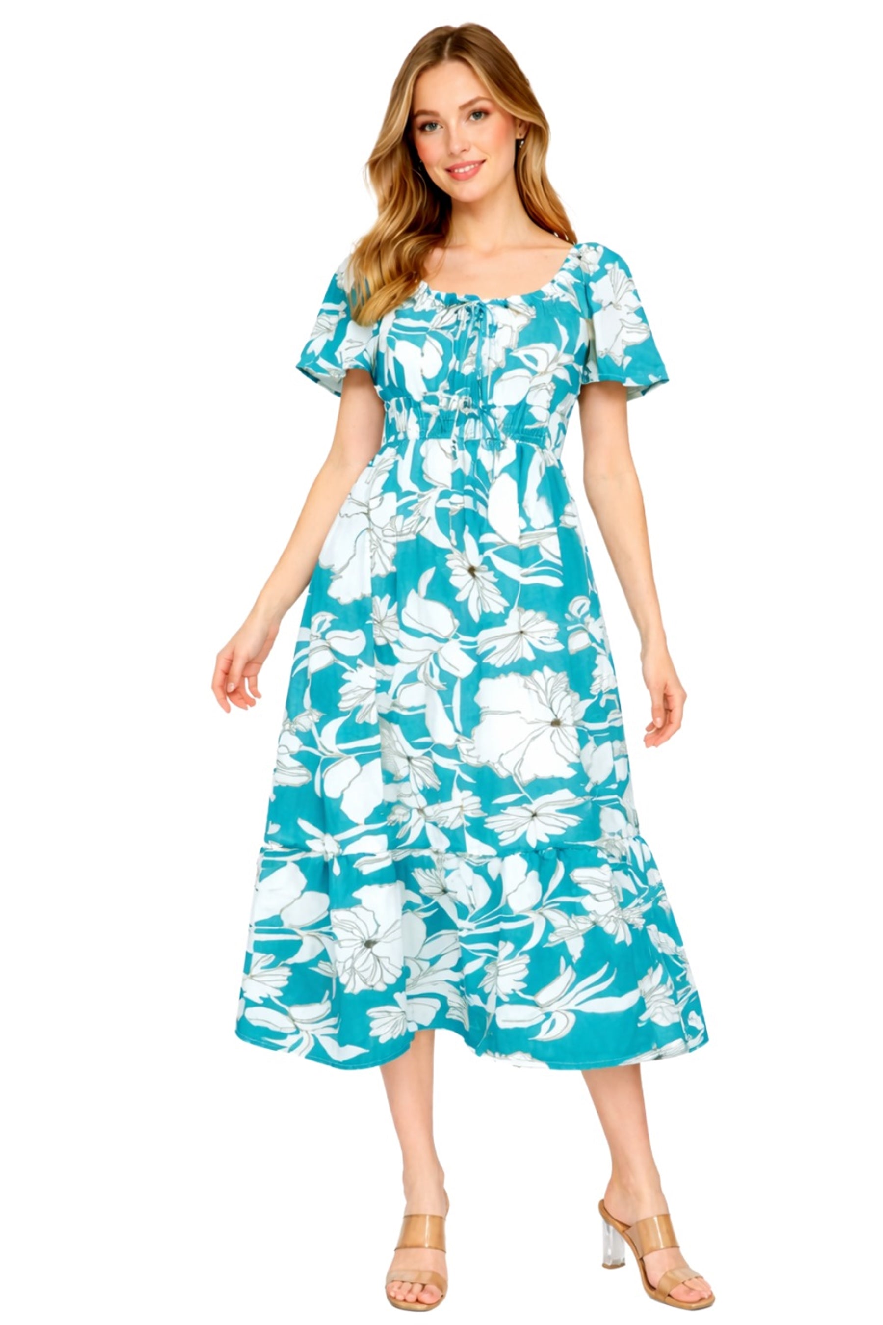 Women's Floral Print Maxi Dress Short Sleeve Casual Summer Beach Dress Teal / S-M-L-1XL(1-2-2-1)6PCS
