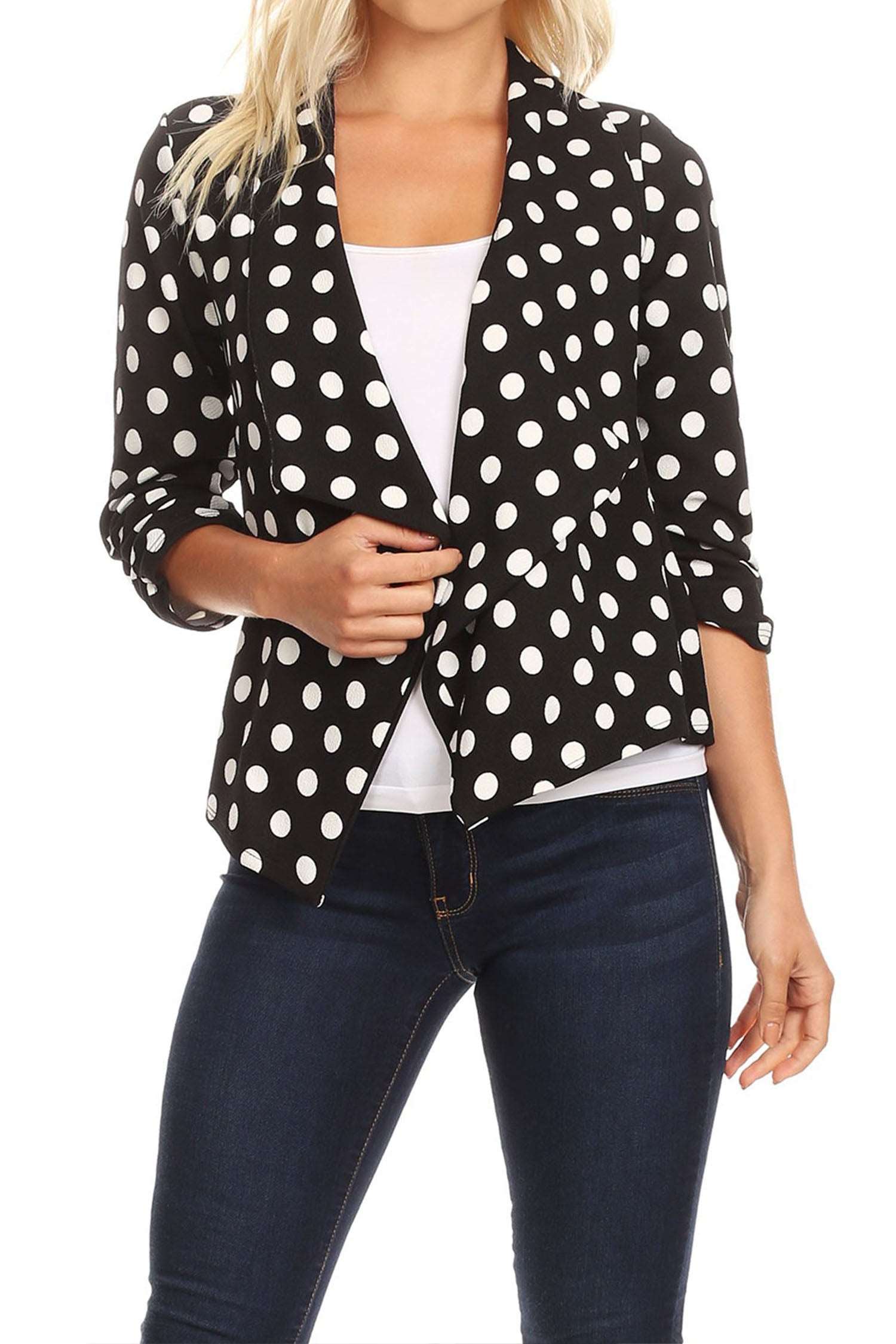 Women's Casual Open Front Polka Dot Roll Up Sleeve Blazer Jacket Made in USA