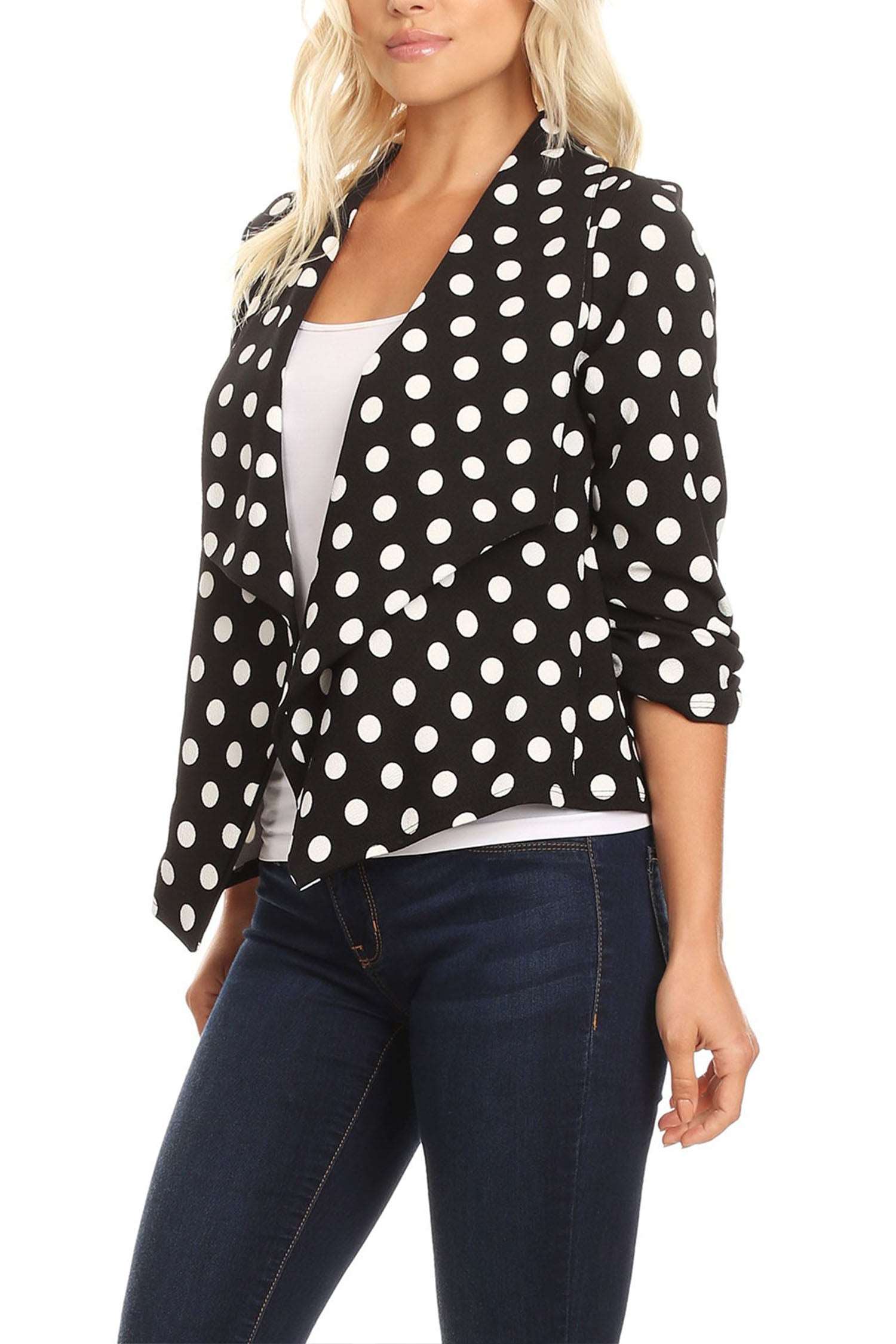 Women's Casual Open Front Polka Dot Roll Up Sleeve Blazer Jacket Made in USA