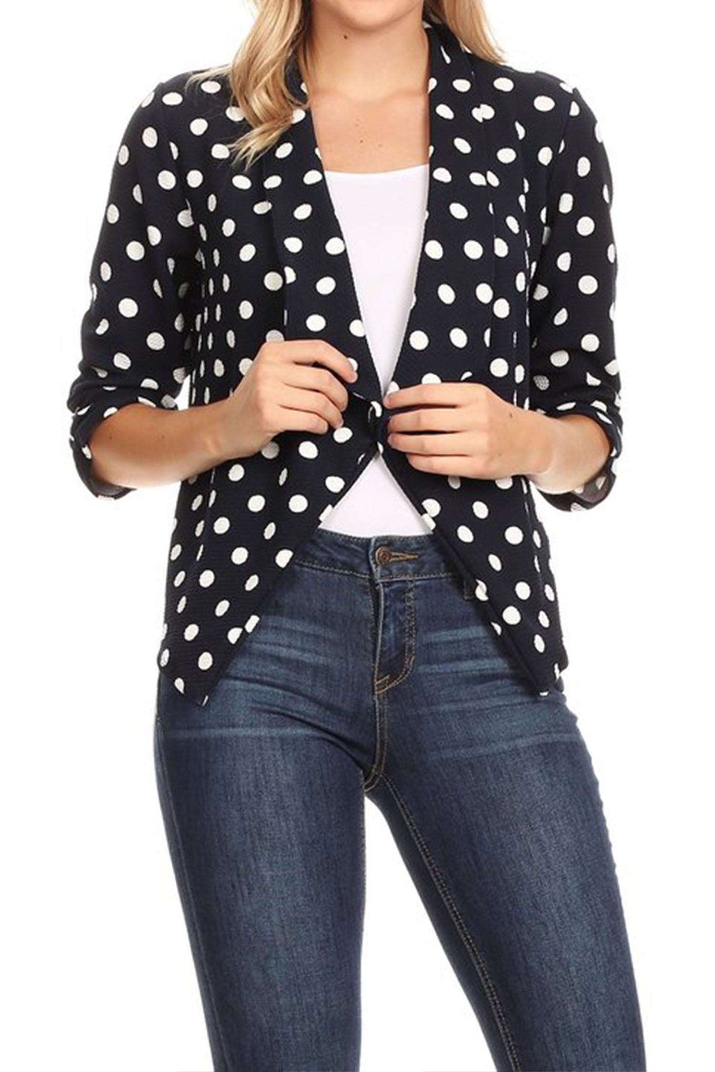 Women's Casual Open Front Polka Dot Roll Up Sleeve Blazer Jacket Made in USA