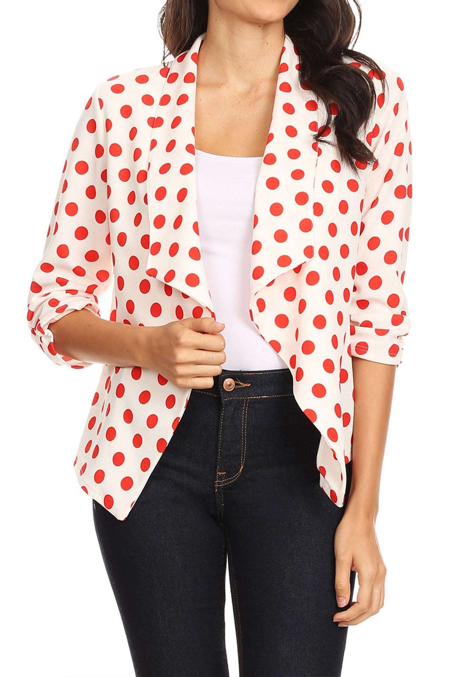 Women's Casual Open Front Polka Dot Roll Up Sleeve Blazer Jacket Made in USA