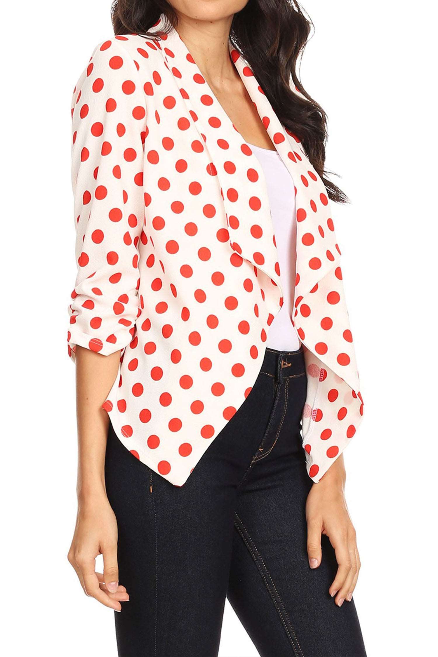 Women's Casual Open Front Polka Dot Roll Up Sleeve Blazer Jacket Made in USA