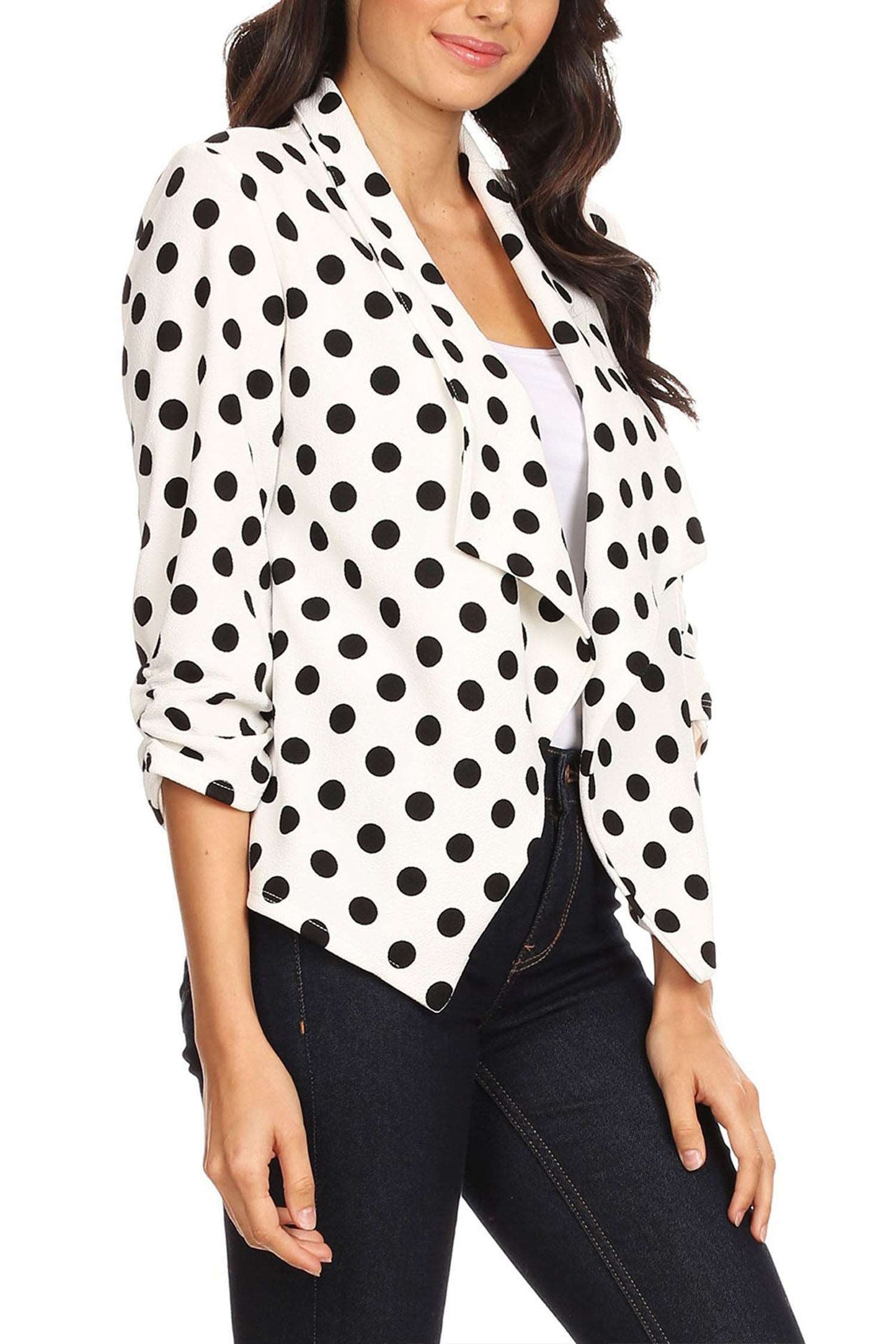 Women's Casual Open Front Polka Dot Roll Up Sleeve Blazer Jacket Made in USA