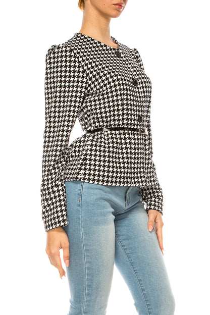 Women's Collarless Button Down Jacket with Belt Accent