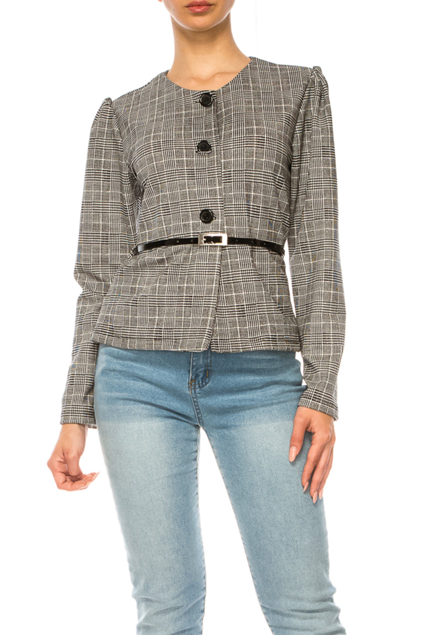 Women's Collarless Button Down Jacket with Belt Accent