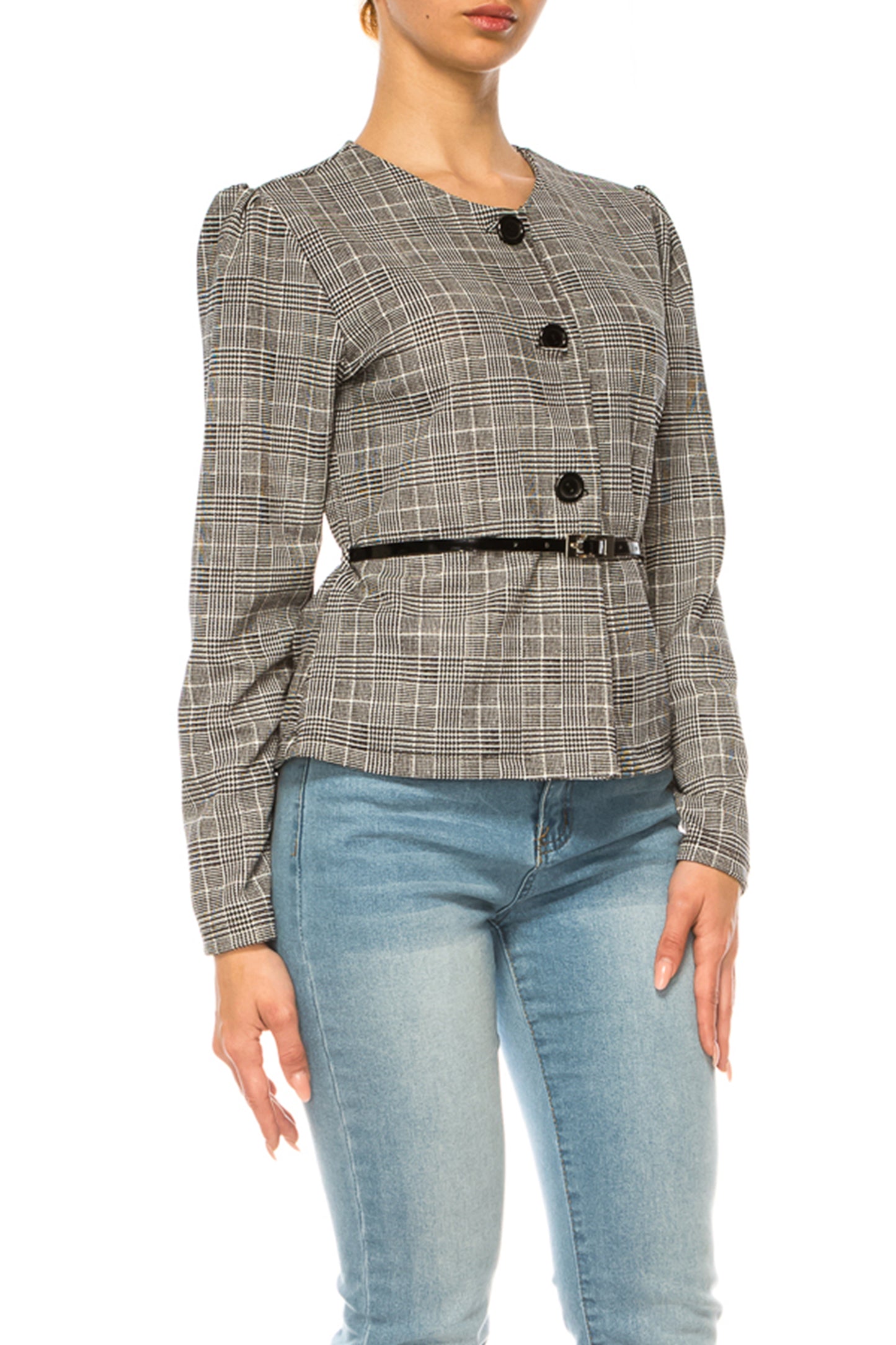 Women's Collarless Button Down Jacket with Belt Accent