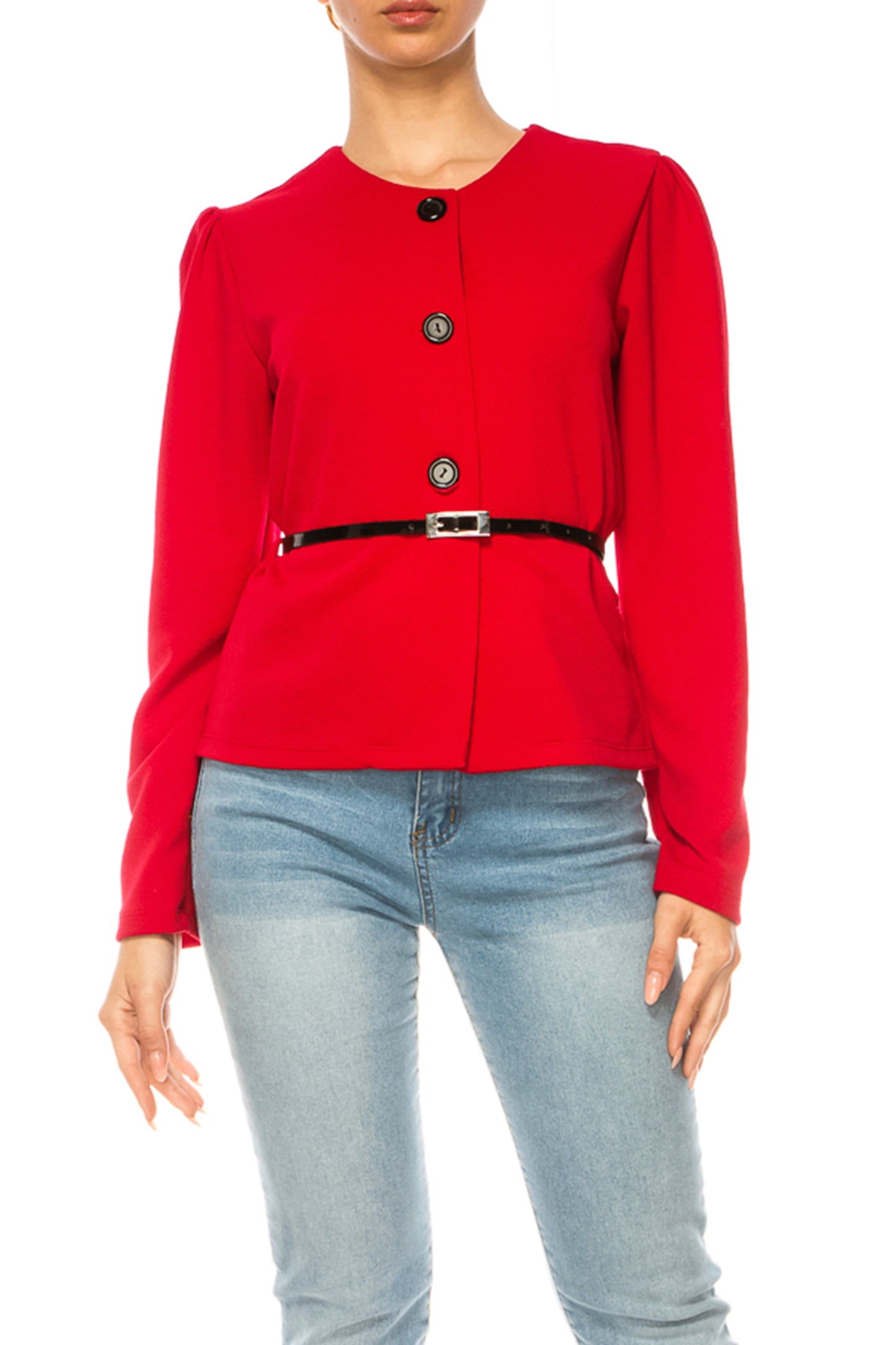 Women's Collarless Button Down Jacket with Belt Accent