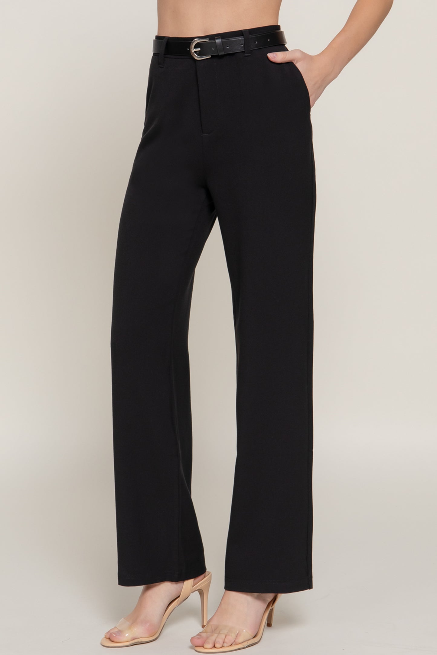 Women's Semi Flare Pants with Faux Leather Belt Two-Tone Woven Fabric