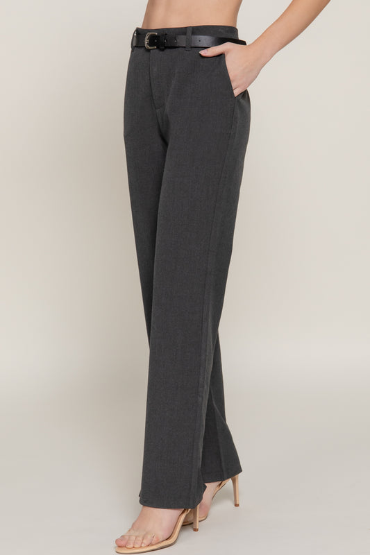 Women's Semi Flare Pants with Faux Leather Belt Two-Tone Woven Fabric